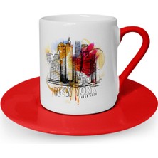 BK Kişiye Özel New York Tasarımlı Kırmızı Türk Kahvesi Fincanı - 1