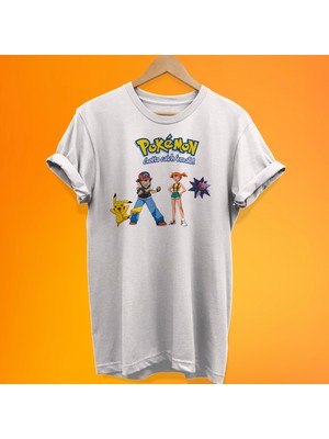 Remonz Pokemon Ash Misty Baskılı %100 Pamuk Oversize T-Shirt Büyük Beden Tişört