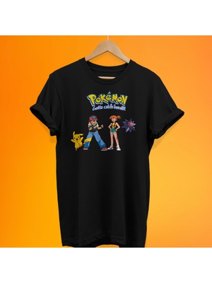 Remonz Pokemon Ash Misty Baskılı %100 Pamuk Oversize T-Shirt Büyük Beden Tişört