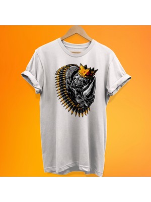 Remonz Kral Gergedan Baskılı %100 Pamuk Oversize T-Shirt Büyük Beden Tişört