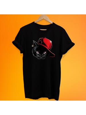Remonz Şapkalı Kedi Baskılı %100 Pamuk Oversize T-Shirt Büyük Beden Tişört