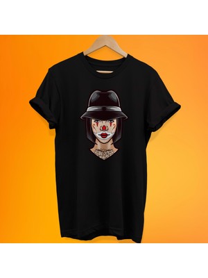 Remonz Şapkalı Palyaço Baskılı %100 Pamuk Oversize T-Shirt Büyük Beden Tişört