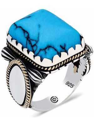 Gumush Gümüş Zirkon Turkuaz Taşlı Kare Erkek Yüzük