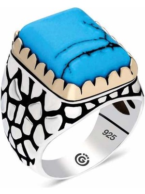 Gümüş Zirkon Turkuaz Taşlı Kare Erkek Yüzük