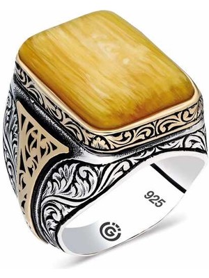 Gumush ​gümüş Sıkma Kehribar Kare Erkek Yüzük