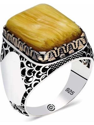 ​gümüş  Koyu Sarı Sıkma Kehribar Taşlı Kare Erkek Yüzük