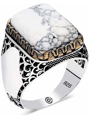 Gumush ​Gümüş Beyaz Havlit Taşlı Kare Erkek Yüzük