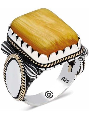 Gumush ​gümüş Sarı Sıkma Kehribar Taşlı Kare Erkek Yüzük