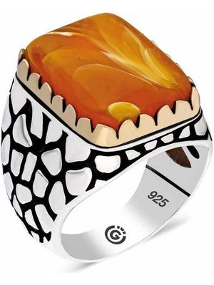 Gumush ​gümüş Turuncu Sıkma Kehribar Taşlı Kare Erkek Yüzük