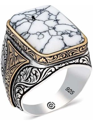 Gumush ​gümüş Desenli Beyaz Havlit Taşlı Kare Erkek Yüzük