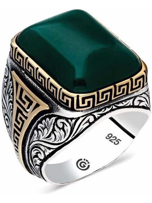 ​gümüş Yeşil Akik Taşlı Köşeli Erkek Yüzü