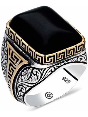 Gumush Gümüş Zirkon Siyah Taşlı Kare Erkek Yüzük