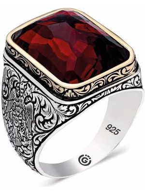 Gümüş Zirkon Kırmıızı Taşlı Kare Erkek Yüzük