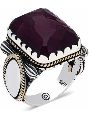 Gumush ​gümüş Bordo Taşlı Köşeli Erkek Yüzük