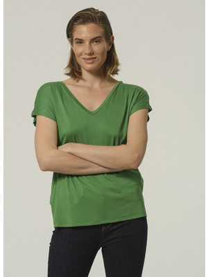 People By Fabrika V Yaka Kısa Kollu Düz Yeşil Kadın T-Shirt