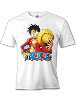 T-Shirt One Piece - Luffy Hat 2 Beyaz Erkek Tshirt