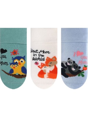 Semoor 3'lü Tilki Baykuş Panda Desenli Kız Bebek Baskılı Kaydırmaz Havlu Çorabı