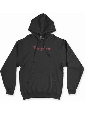Cix Cix Kırmızı This Girl Can Yazılı Siyah Kapşonlu Sweatshirt Hoodie