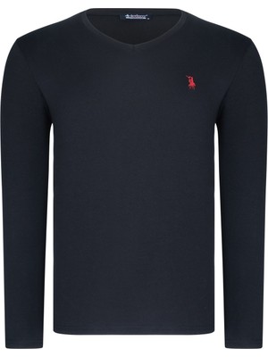 T8587 DEWBERRY V YAKA ERKEK UZUN KOL T-SHIRT-DÜZ SİYAH