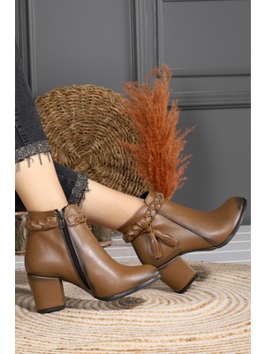 Woggo 501 Cilt 6 cm Topuk Kadın Bot Ayakkabı Vizon