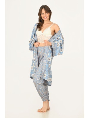 NBB Mavi Blue Floral Dokuma 3lü Pijama Takımı