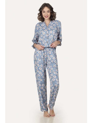 NBB Mavi Blue Floral Desen Gömlekli Pijama Takımı