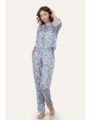 NBB Mavi Blue Floral Desen Gömlekli Pijama Takımı