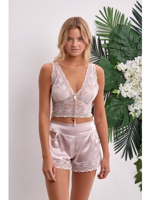 NBB Pudra Dantel Büstiyertli Saten Şort Takım