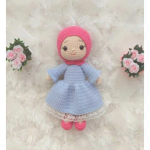 Toys City Mavi Elbiseli Tesettürlü Bebek Organik Örgü Oyuncak