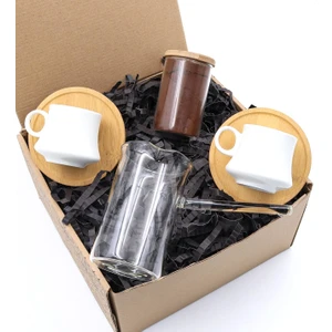 Vega Gift Shop 2'li Bambulu Beyaz Fincan Takımı & Cam Cezve & Bambu Kapaklı Kavanoz & Türk Kahvesi Seti