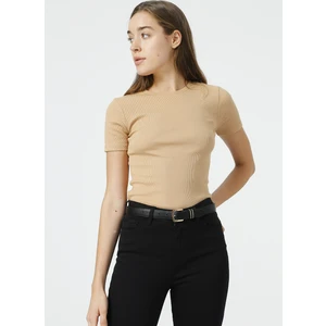 Bisiklet Yaka Fitilli Deve Tüyü Kadın T-Shirt TEO