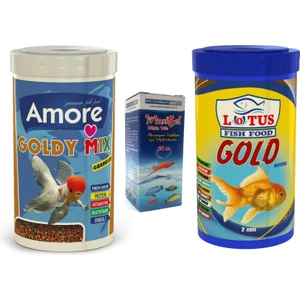 Goldy Mix Granules 1000 ml + Lotus Gold Natural 1000 ml Japon Balık Yemi + Fishvit Vitamin
