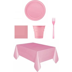 Boncuk Avm Pembe Renk Plastik Tabak Bardak Çatal Masa Örtüsü Seti (96 Parça)