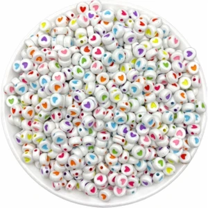 Hedef Bijuteri 25GR Yassı Beyaz Üzeri Renkli Kalp Boncuk,basık 4X7MM Kalp Takı Yapım Boncuğu (25 Gr, ~200 Adet)