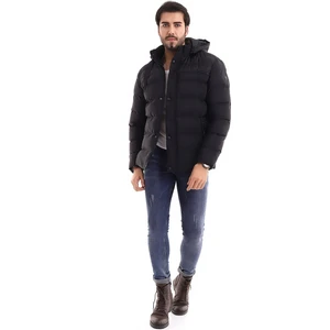 Erkek Kapüşonlu Siyah Su ve Rüzgar Geçirmez Regular Şişme Kaban&mont