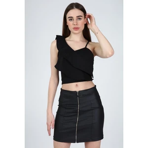 Collection Kadın Siyah Tek Omuzu Ayarlanabilir Askılı Fırfırlı Crop Bluz