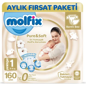Pure and Soft Bebek Bezi 1 Beden Yenidoğan Aylık Fırsat Paketi 160 adet