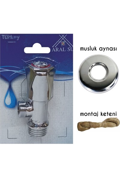 Aral - Taharet Musluğu 3/8 Gövdeli Pirinç Musluk Aynası + Montaj Keteni