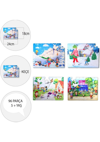 4 Set - 96 Parça Tox Kış ve Oyun Parkı 5+ Keçe Yapboz - 5 Yaş Puzzle T40 T14