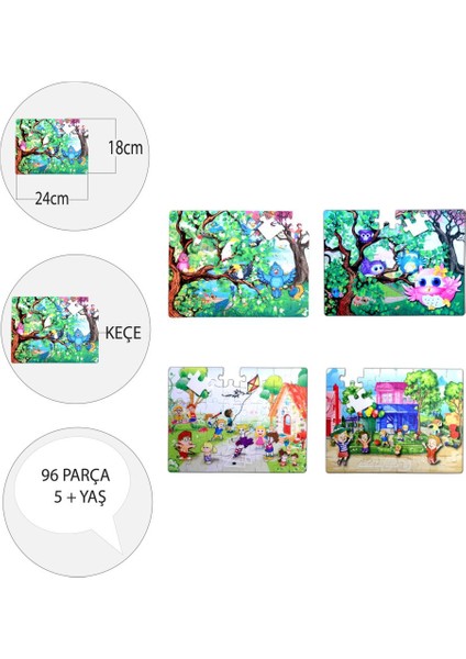 4 Set - 96 Parça Tox Baykuş ve Oyun Parkı 5+ Keçe Yapboz - 5 Yaş Puzzle T40 T17