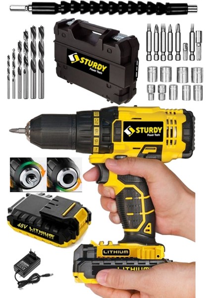 Power Tools 48VF 6mah Li̇tyum Çift Akülü Express  Seri̇ Şarjlı Vidalama Matkap 27 Parça Uç Setli