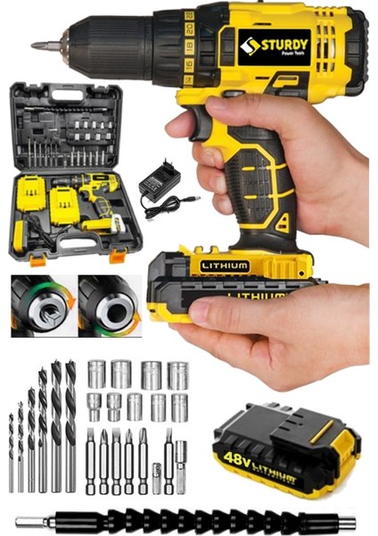 Power Tools 48VF 6mah Li̇tyum Çift Akülü Full Express Seri̇ Şarjlı Vidalama Matkap 27 Parça Uç Setli