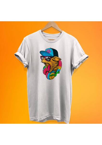 Dj Kedi Baskılı %100 Pamuk Oversize T-Shirt Büyük Beden Tişört