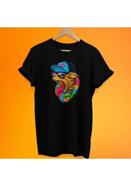 Dj Kedi Baskılı %100 Pamuk Oversize T-Shirt Büyük Beden Tişört