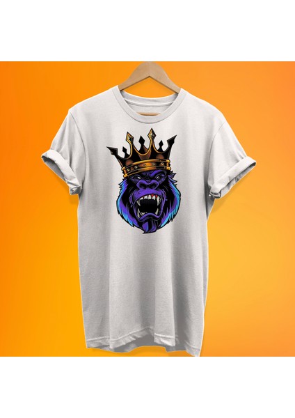 Kral Goril Baskılı %100 Pamuk Oversize T-Shirt Büyük Beden Tişört