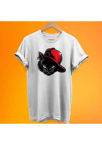 Şapkalı Kedi Baskılı %100 Pamuk Oversize T-Shirt Büyük Beden Tişört