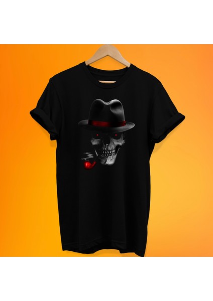 Şapkalı Kuru Kafa Baskılı %100 Pamuk Oversize T-Shirt Büyük Beden Tişört