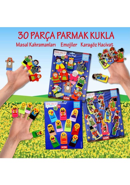 3 Set - 30 Parça Tox Masal Kahramanları, Karagöz Hacivat ve Emojiler Parmak Kukla T225 T106 T224