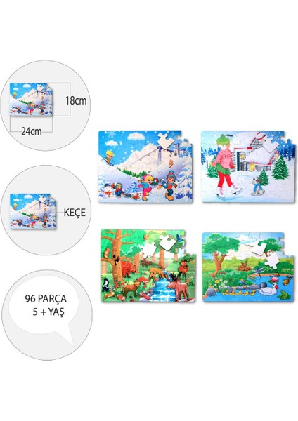 4 Set - 96 Parça Orman ve Kış 5+ Keçe Yapboz - 5 Yaş Puzzle T14 T15