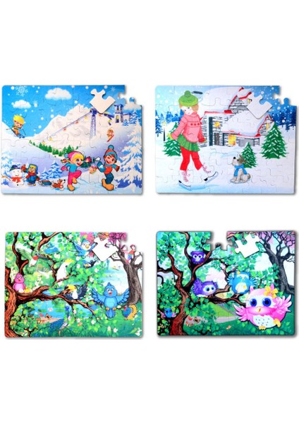 4 Set - 96 Parça Kış ve Baykuş 5+ Keçe Yapboz - 5 Yaş Puzzle T14 T17